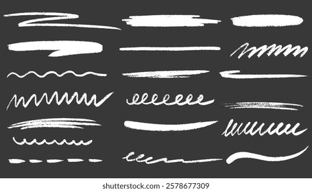Grunge strikethrough and underline elements. Chalk lines, charcoal highlight strokes doodle set.  Doodle vector graphic elements. Pencil underlines, kids crayon strips, brush line in sketch style. 