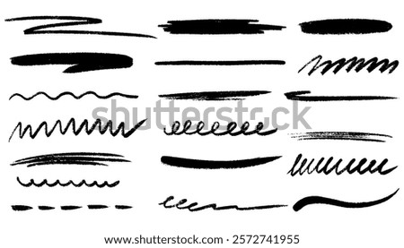 Grunge strikethrough and underline elements. Chalk lines, charcoal highlight strokes doodle set.  Doodle vector graphic elements. Pencil underlines, kids crayon strips, brush line in sketch style. 