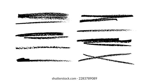 Agarra elementos de tachado y subrayado. Conjunto de líneas de lápiz dibujadas a mano y trazos. Elementos gráficos vectoriales de garabatos. Típografía líneas de pincel de tinta negra. Cruza los trazos horizontales.