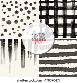 Grunge stripe backgrounds set. Abstract monochrome decoration. Art ink line decor. Brush stroke black element. Vector illustration.