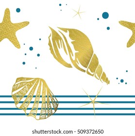 Grunge striped background with seashells and starfishes seamless pattern.