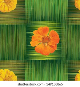 Grunge striped and checkered seamless pattern with flowers in orange,green,yellow colors