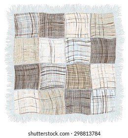 Grunge striped and checkered weave plaid with fringe in blue,beige,grey colors isolated on white background