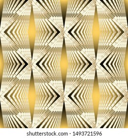 Grunge striped vector seamless pattern. Geometric glowing background. Gold textured stripes, lines, geometry shapes, rhombus. Ornamental repeat decorative backdrop. Ornate tribal ethnic style design