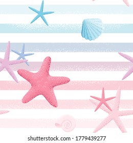 Grunge striped vest seamless pattern with seashells ans starfishes. Retro vector marine background. Soft pastel colors