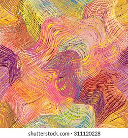 Grunge striped wavy diagonal rainbow seamless pattern