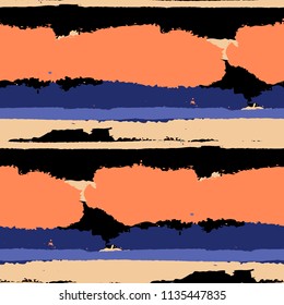 Grunge Stripes. Painted Lines. Texture with Horizontal Brush Strokes. Scribbled Grunge Motif for Cloth, Swimwear, Textile. Rustic Vector Background with Stripes