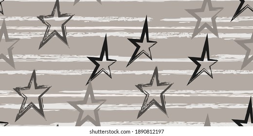 Grunge stripes with painted stars. Simpless. Fashion watercolor striped design. Hand drawn lines in a watercolor style. Fabric, textile design, wrapper, cover.