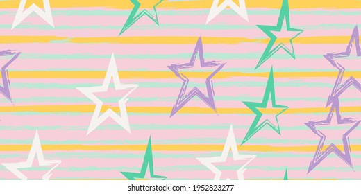 Grunge stripes with painted stars. Simpless. Fashion watercolor striped design. Hand drawn lines in a watercolor style. Fabric, textile design, wrapper, cover.