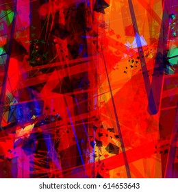 Grunge stripes texture for fabric, wrapping. Abstract seamless background. Red color with blue, purples, black inclusion.