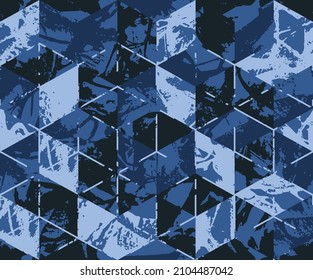 Grunge strokes geometrical cube camouflage print, modern fashion design. Paint hexagon camo military pattern. Army uniform. Blue sea shade color, fashionable, fabric. Vector seamless urban texture