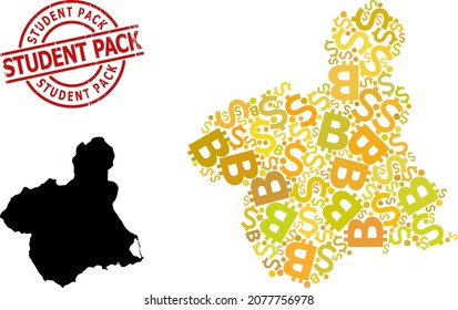 Grunge Student Pack stamp seal, and money collage map of Murcia Province. Red round stamp seal contains Student Pack tag inside circle. Map of Murcia Province collage is organized with money, dollar,