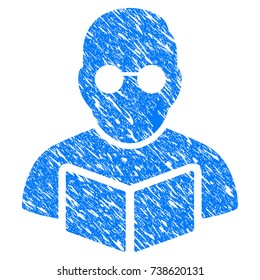 Grunge Student Read Book icon with scratched design and grungy texture. Unclean vector blue Student Read Book pictogram for rubber seal stamp imitations and watermarks. Draft sign symbol.