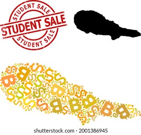 Grunge Student Sale stamp seal, and financial mosaic map of Pico Island. Red round stamp seal includes Student Sale caption inside circle. Map of Pico Island mosaic is composed from investment,