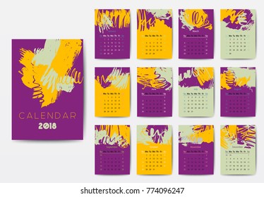 Grunge style 2018 year calendar, colorful brush strokes design