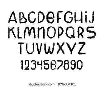 Grunge style alphabet. Numbers and letters collection. Vector hand drawn font.