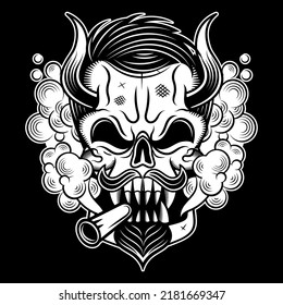 Grunge style art of human skull with goat horns. Print design. Demon Head. A demon, supernatural, malevolent. Witchcraft, black magic, occultism, mythology and folklore, religion attribute. Vector.