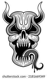 Grunge style art of human skull with goat horns. Print design. Demon Head. A demon, supernatural, malevolent. Witchcraft, black magic, occultism, mythology and folklore, religion attribute. Vector.