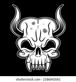 Grunge style art of human skull with goat horns. Print design. Demon Head. A demon, supernatural, malevolent. Witchcraft, black magic, occultism, mythology and folklore, religion attribute. Vector.