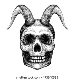 Grunge style art of human skull with goat horns. Print design. Demon Head. A demon,  supernatural, malevolent. Witchcraft, black magic, occultism, mythology and folklore, religion attribute. Vector.