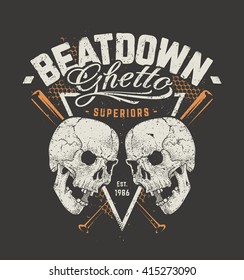 Grunge style art of skulls and baseball bats on dark background. Grunge typography. Gangster print design. Vector illustration.
