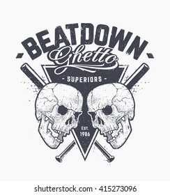 Grunge style art of skulls and baseball bats on dark background. Grunge typography. Gangster print design. Vector illustration.