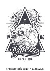 Grunge style art of strange skull with horns. Vintage typography. Hipster print design. Vector illustration.