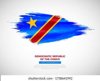 Pincel de estilo grunge pintado de la bandera de la República Democrática del Congo con tipografía del Día de la Independencia. Vector de la bandera de la escoba de acuarela artificial