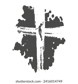 Grunge style christian cross icon with positive female jumping out and fly away