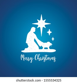 Grunge style Christmas logo on blue. Merry Christmas minimalistic card with Nightly christmas cribe with Mary and baby Jesus. Vector Illustration