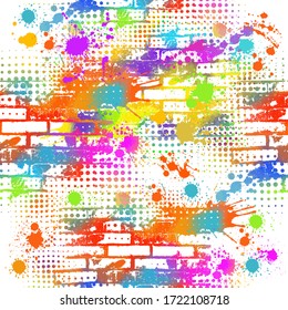 Grunge style colorful paint wall background, abstract urban background, street art. The seamless background is multicolored bricks. Mixed media. Vector illustration.