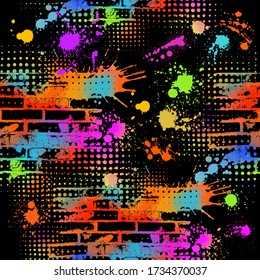 Grunge style colorful paint wall background, abstract urban background, street art. The seamless background is multicolored bricks. Vector illustration.