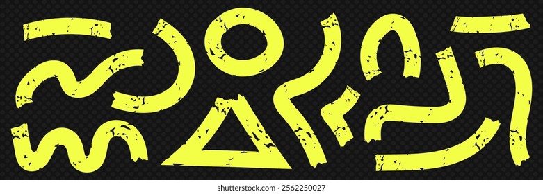 Conjunto de líneas de rizo de estilo grunge. Curvas onduladas, Formas geométricas y remolinos en pinceladas juguetonas. Vector de moda en amarillo.