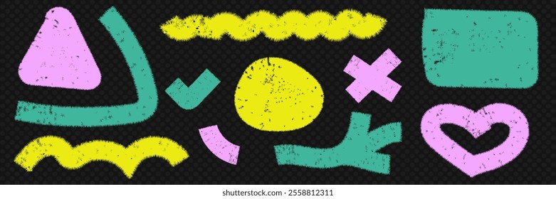 Conjunto de moda de línea de rizo de estilo grunge. Remolinos, curvas onduladas y Formas geométricas en pinceladas juguetonas. Ilustración vectorial Abstractas en colores brillantes.