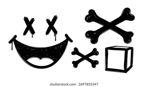 Grunge style design elements featuring a dripping smiley face with cross eyes, two sets of crossed bones, and a simple cube outline.