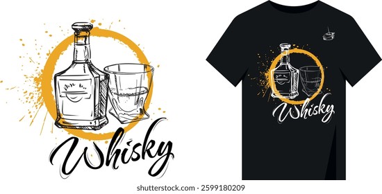 Grunge style design print for t-shirt, poster, whiskey bottle, glass hand drawn. Vector illustration