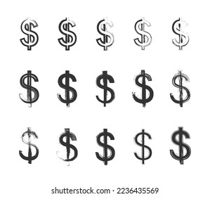 Grunge style dollar sign set. Vector illustration.