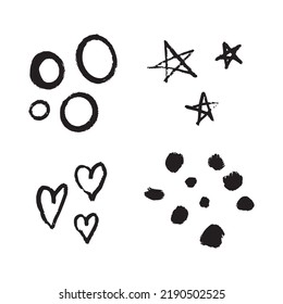 Grunge style elements, hand-drawn with a brush. Hearts, dots, circles, stars. Vector simple doodle style.
