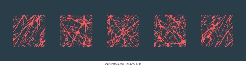 Estilo Grunge expressivo Pintura Splatter Textura Sem Costura Conjunto Vermelho Abstração. Splash Linhas Emaranhadas Desenhadas À Mão Coleção De Planos De Fundo Abstratos Repetitivos. Texturas Grungy artísticas desenhadas à mão sem fim