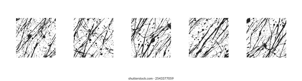 Grunge Estilo expressivo Pintura Splatter Textura sem costura Set Preto Branco Abstração. Splash Tangled Lines Mão Desenhado Fundo Abstrato Repetitivo Pacote. Texturas Grungy artísticas desenhadas à mão sem fim