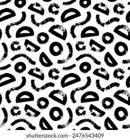 Grunge style geometric seamless pattern with brush-drawn waves and semicircles. Hand drawn vector geometric figures background. Abstract seamless pattern with thick brush strokes and shapes.