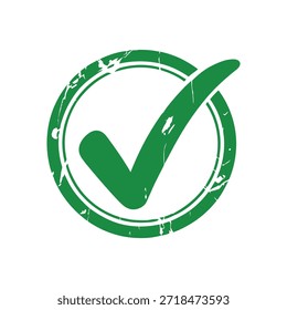 Uma marca de seleção verde no estilo grunge dentro de um quadro circular é exibida de forma destacada, indicando a confirmação da aprovação ou a conclusão bem-sucedida de uma tarefa