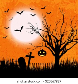 Grunge style Halloween background with bats, jack o lantern and owl