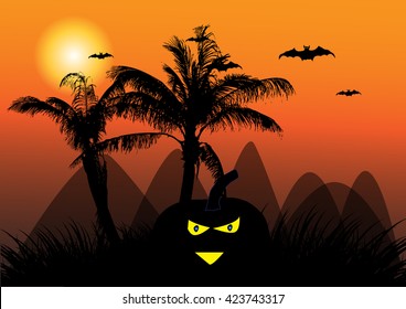 Grunge style Halloween background with bats, jack o lantern and dead tree