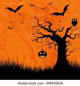 Grunge style Halloween background with bats, jack o lantern and owl