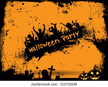 Grunge style Halloween party background with silhouettes of people dancing.