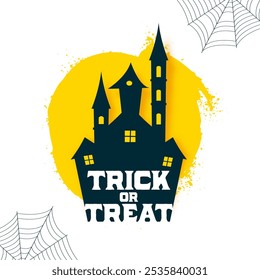 grunge style halloween trick or treat poster with house and spiderweb vector 