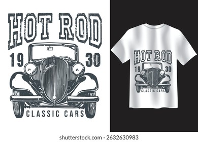 Grunge style hot rod illustration featuring a 1930s classic car. Perfect for vintage auto lovers, racing fans, and retro t shirt designs.