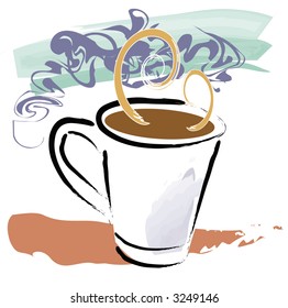 Grunge style illustration of full coffee cup with steam swirls and elements on separate vector layers.