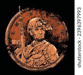 grunge style illustration of a soldier in military uniform complete with weapons and night vision helmet in the field of bronze coins. t-shirt design with the theme of war peace campaign, patriot day.